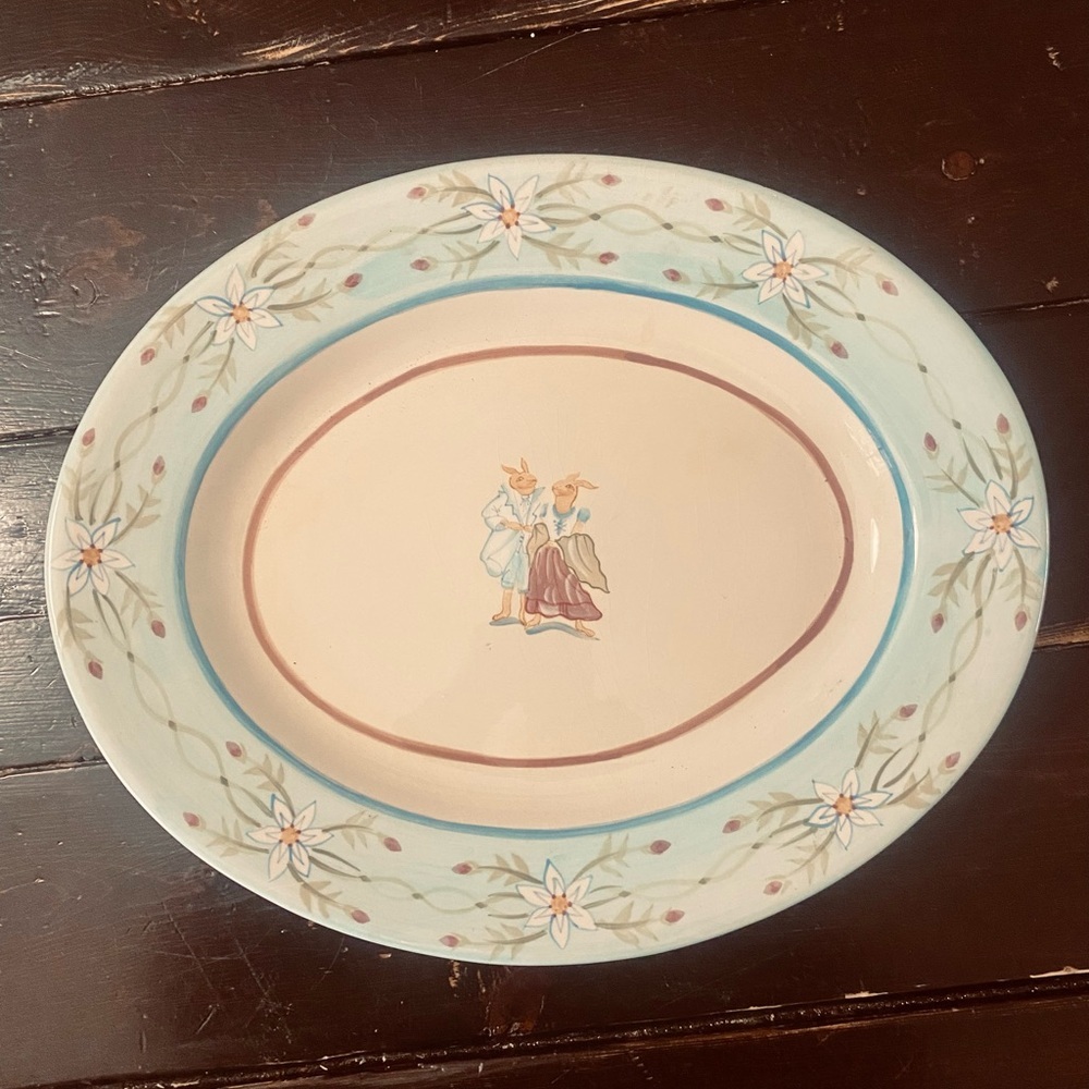 15” Hand Painted Springtime Rabbits and Flowers Oval Platter